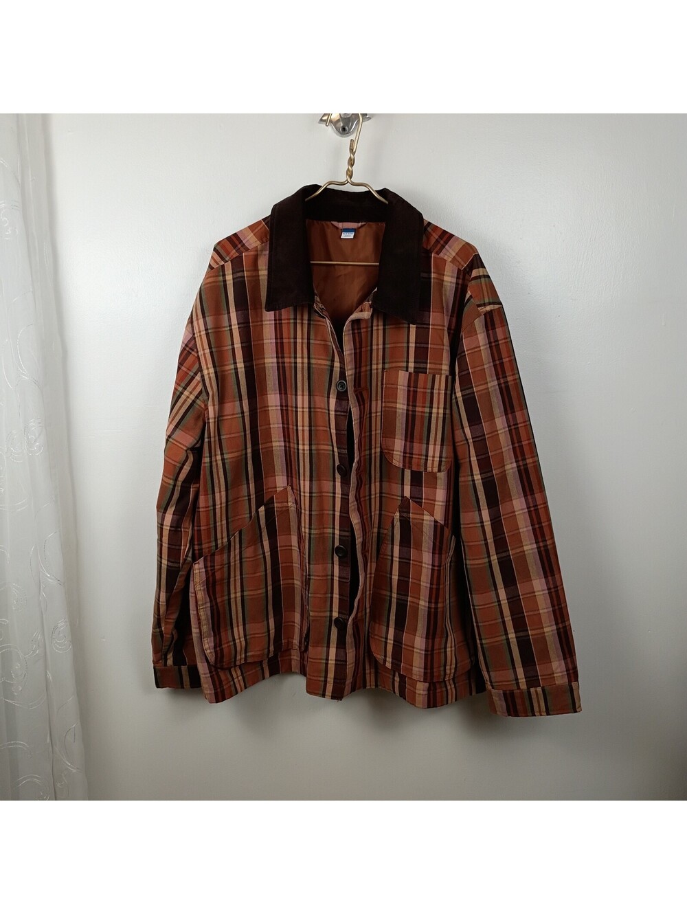 Old Navy Mens Plaid Barn Fall Jacket Corduroy Collar Orange Brown Chore Coat XXL